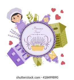 Vector set of elements Provence. Lavender, house, lantern, cicada. Objects are arranged in circle.