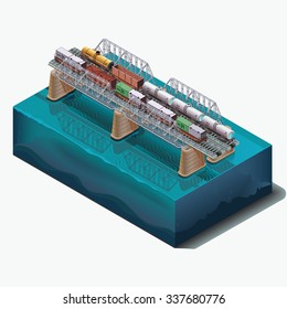 Vector set elements, Railway bridge over the river. Cars, tanks, cargo delivery.