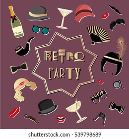 Vector set of elements for a retro party. Suitable for flyers, banners, illustrations, photo booth props. Art Deco style