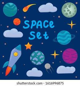 vector set of elements, rocket, planet, stars in space, illustration for a boy