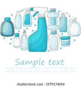 Vector set elements in the shape of an oval. Set of bathroom elements in hand draw style. Collection of cans, packages, tubes. Antiseptic