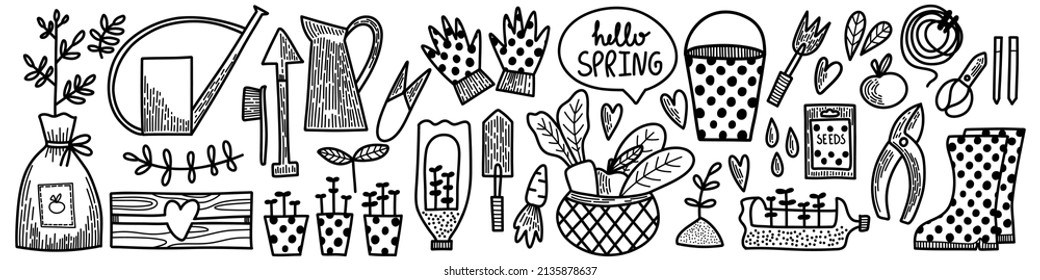 Vector set of elements. Spring summer gardening collection in doodle hand drawn style. Equipment for Growing plants watering can, boots, seeds, gloves, vegetables, sedlings. Nature, garden
