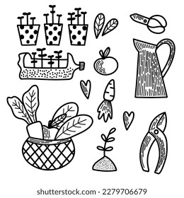 Vector set of elements. Spring summer gardening collection in doodle hand drawn style. Equipment for Growing plants watering can, boots, seeds, gloves, vegetables, sedlings. Nature, garden
