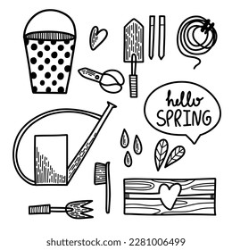 Vector set of elements. Spring summer gardening collection in doodle hand drawn style. Equipment for Growing plants watering can, boots, seeds, gloves, vegetables, sedlings. Nature, garden
