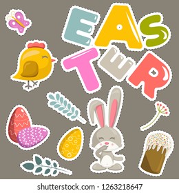 Vector set of elements and stickers on Easter theme. Animals and flora, letters