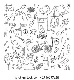 Vector set of elements in the style of doodle on the theme of picnic and camp. The elements of the summer hike are drawn by hand with a black line. Tent, briefcase, fire, pot, canned food for printing