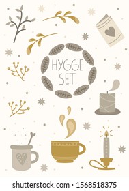 Vector set of elements in the style of hygge. Set in gold and beige colors. Cozy warm things fall-winter: candles, hot drinks and herbs.