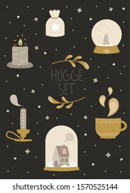 Vector set of elements in the style of hygge. Set in gold and black colors. Cozy warm things fall-winter: candles, hot drinks and snowballs. Set on black background
