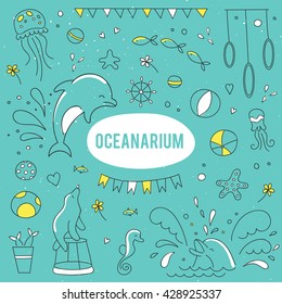 Vector set of elements suitable for oceanarium or dolphinarium. Doodle dolphin show background. For posters, cards, brochures, flyers and souvenirs, invitations, website designs.