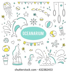 Vector set of elements suitable for oceanarium or dolphinarium. Doodle dolphin show background. For posters, cards, brochures, flyers and souvenirs, invitations, website designs.