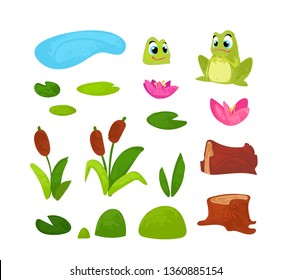 Vector set with elements of the swamp, pond in the children's style. Collection in cartoon style