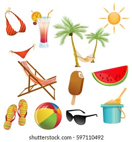 Vector set with elements that are encountered in summer on the beach./Summer and beach vector set.