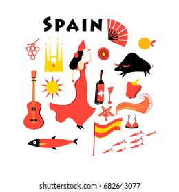 Vector set of elements to the theme of Spain on a white background