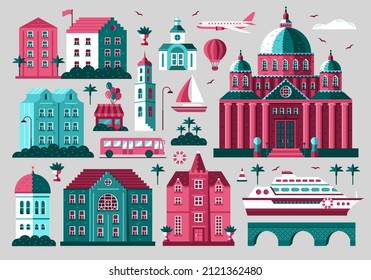 Vector set elements  Travel   tourism  Isolated houses  air   ground transport