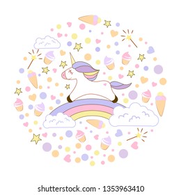 Vector set with elements of unicorn on a rainbow