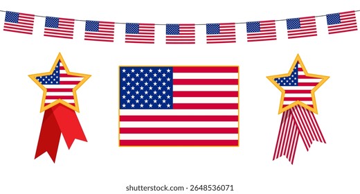 Vector set of elements of USA flag with bunting flags, star medal and national flag in national colors.