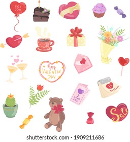 Vector set of elements for Valentine's Day. Gifts and sweets for decorating design or printing.	

