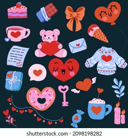 Vector set of elements for Valentine's Day with sweets, teddy bear, hearts, plants, love letter, candles, key, gifts, strawberries, bow, lovers' sweater