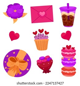 Vector set of elements for Valentine's day. Hearts, sweets, flowers, gifts and other cute items.