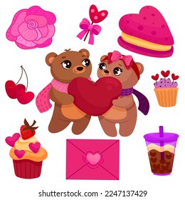 Vector set of elements for Valentine's day. Hearts, bears, sweets, flowers, garlands, balls, gifts and other cute items.