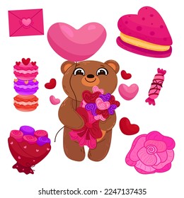 Vector set of elements for Valentine's day. Hearts, bear, sweets, flowers, gifts and other cute items.