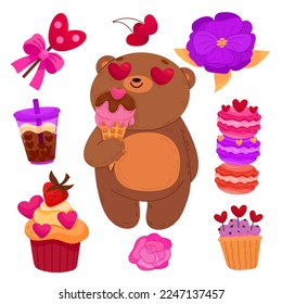 Vector set of elements for Valentine's day. Hearts, bear, sweets, flowers, garlands, balls, gifts and other cute items.