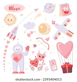      Vector set of elements for Valentine's Day. Gifts, hearts, phone, calendar, space - rocket, cute astronaut, bird ,planets, aliens. Cartoon style.for stickers and greeting cards.          