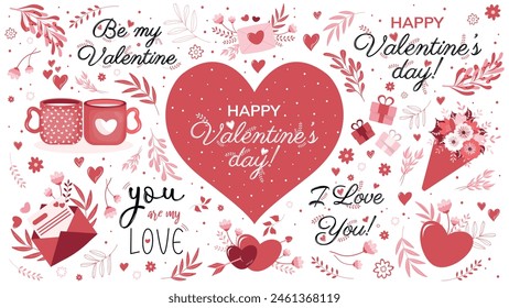 Vector set of elements for Valentine's Day: inscriptions, hearts, vegetation, flowers, mugs, love letters, bouquet of flowers. 