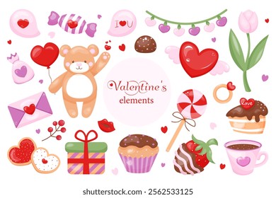 Vector set with elements for Valentine's Day. Hand drawn elements. Theme of Love. Stock isolated clipart on a white background.
