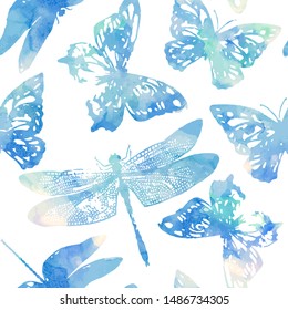 Vector set of elements in watercolor style: butterfly and dragonflyl. Composition of illustrations on wall in white frames