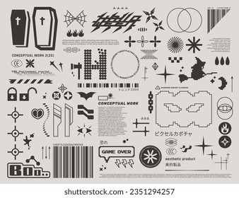 Vector set of elements in Y2K style on a light background. Halloween poster in digital style for web use.