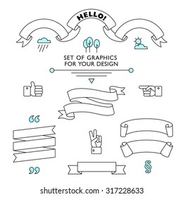 Vector set of elements for your stylish design. Ribbons, banners, arrows, labels. Geometric signs. Linear graphics with pointing fingers and victory sign .