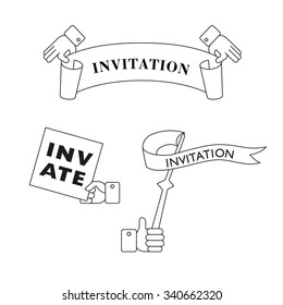 Vector set of elements for your stylish design. Banners and labels with invitation. Geometric signs. Hand symbols.