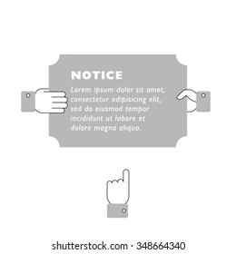 Vector set of elements for your stylish design. Notice banner. Geometric signs. Hand symbols. Holding hands.