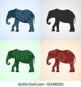 Vector Set from Elephant with Mandala Patterns, Elements for logo, banners, flyers, posters, printing on T-shirts. Three different mandala patterns are in swatches panel. Elephant shape.