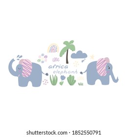 Vector set of elephants in cartoon scandinavian style. Suitable for children's clothing, interior design, packaging, printing, stickers
