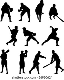 Vector Set of eleven baseball players in silhouette - Set One