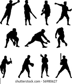 Vector Set of eleven baseball players in silhouette - Set Two