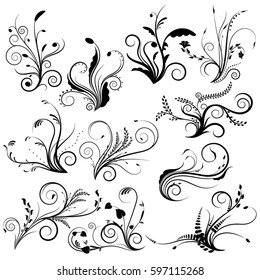 Vector set with eleven floral elements. Floral vector set.