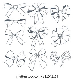 vector set with eleven hand drawn different types of ribbon bows