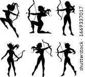 Vector set of elf girl silhouettes with bow.