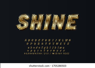 Vector set of elite gold alphabet letters, numbers and punctuation symbols. Condense style