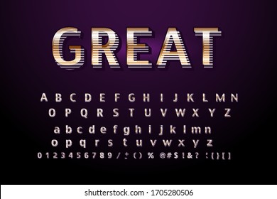 Vector set of elite gold alphabet letters, numbers and punctuation symbols. Condense style