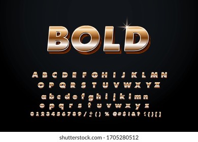 Conjunto vectorial de letras elites del alfabeto dorado, números y símbolos de puntuación. Estilo de condensación