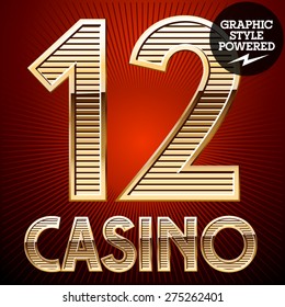 Vector set of elite rich gold alphabet. Font of golden striped letters. Numbers 1 2