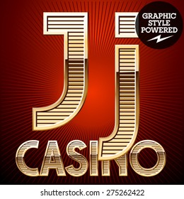 Vector set of elite rich gold alphabet. Font of golden striped letters. Letter J