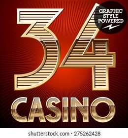Vector set of elite rich gold alphabet. Font of golden striped letters. Numbers 3 4