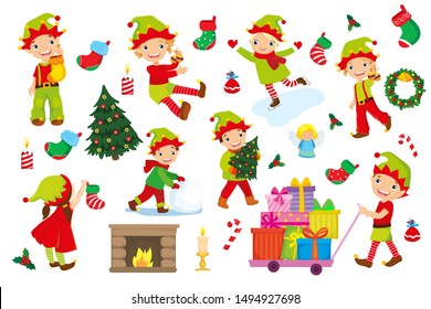 Vector set of elves getting ready for Christmas