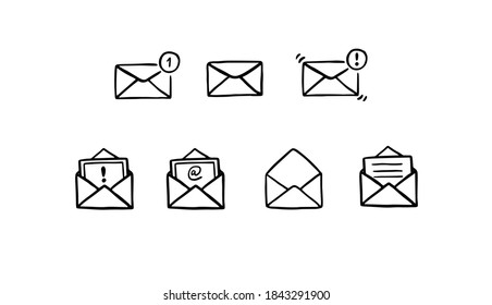 Vector set of e-mail letter Illustrations. Emails are open and closed. Hand drawing.