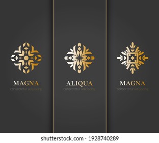 Vektorset des Emblems. Elegante, klassische Elemente. Kann für Schmuck-, Beauty- und Modebranche verwendet werden. Ideal für Logo, Monogramm, Einladung, Flyer, Menü, Broschüre, Hintergrund oder jede gewünschte Idee.